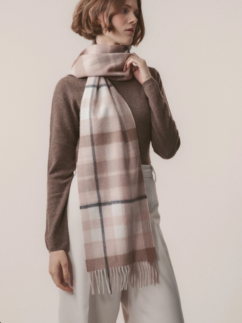 NWT Kiltane Lambswool Pink, Cream, Black & Brown Plaid Check Fringed Scarf 62x12
